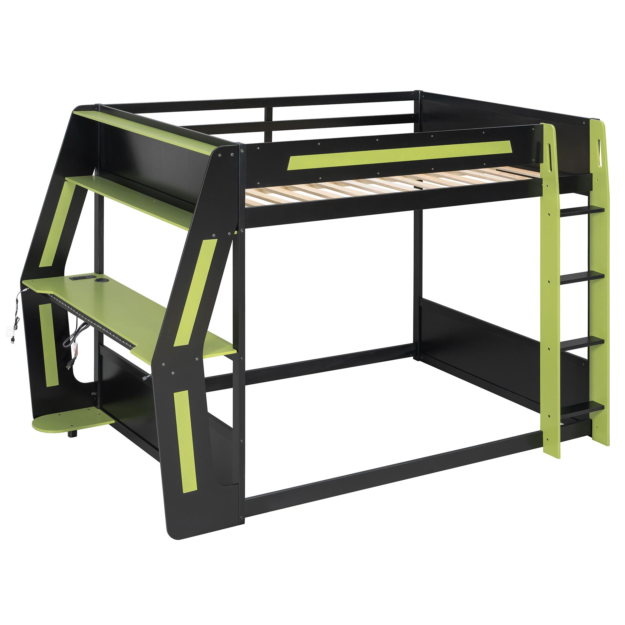 Full Size Gaming Bunk Bed Frame with Side-Mounted Oversized RGB Desk, Wood Bunk Bed Frame with USB Charging Ports & Cable Grommet, Heavy-Duty Esports Gaming Loft Frame (Green, Full)