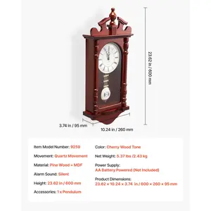 VEVOR Grandfather Clock, 23.2 in Classic Vintage Pendulum Clock, Pine Wood MDF Wall Clocks with Quartz Movement and Quiet Design, for Living Room, Bedroom, Home Decor Gift (Cherry Tone Finish)