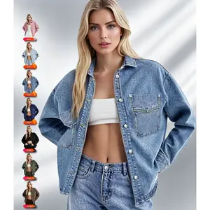 Women's Plain Basic Drop Shoulder Long Sleeves Denim Jacket Coats, Casual Outerwear With Pockets For All Seasons