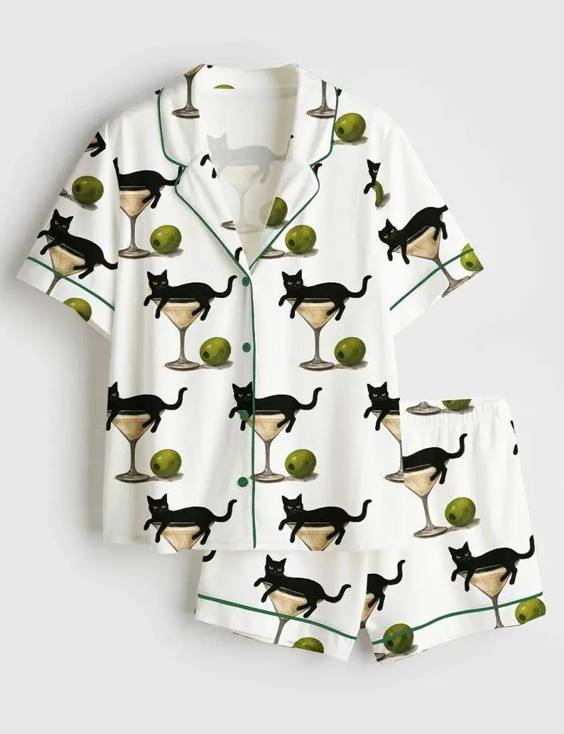 Women’s Black Cat Pajama Set, Martini & Cocktail Glass Print, Short Sleeve Satin PJs, Cat Sleepwear, Pajama Gifts for Her, Pajama Family