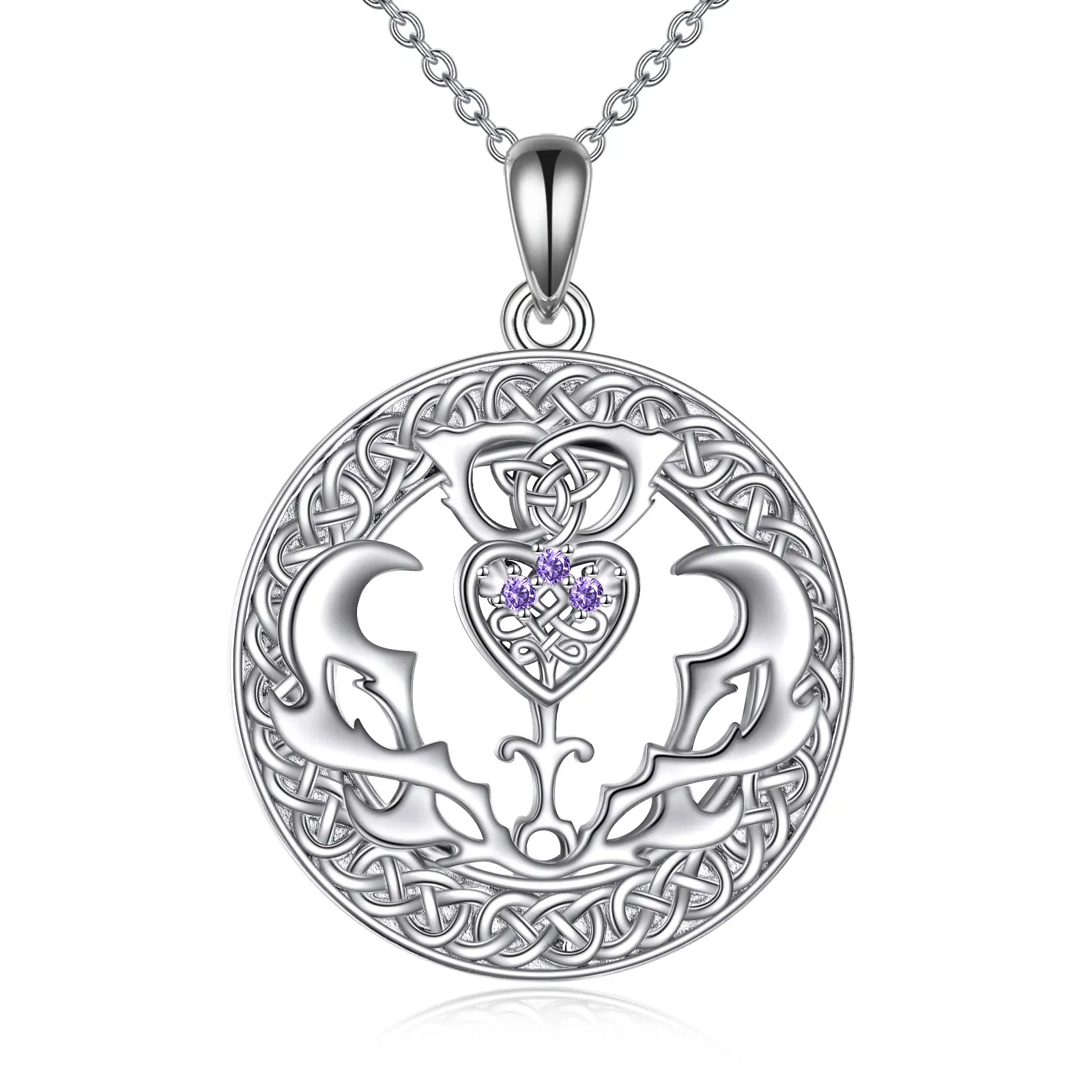 YFN Scottish Thistle Necklace 925 Sterling Silver Amethyst Scottish Celtic Knot Pendant Necklaces Scottish Thistle Jewelry Scotland Gifts for Women