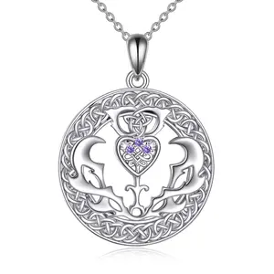 YFN Scottish Thistle Necklace 925 Sterling Silver Amethyst Scottish Celtic Knot Pendant Necklaces Scottish Thistle Jewelry Scotland Gifts for Women
