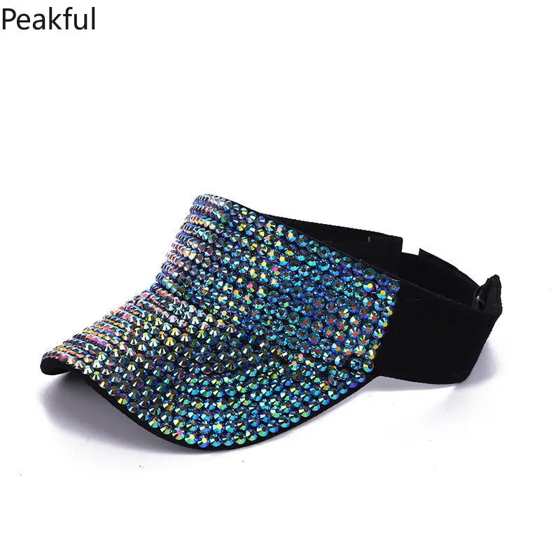 Sparkle Rhinestone Sun Visor Hat, Bling Shiny Crystal UV Protection Visor Cap, Adjustable Open Top Sun Hat for Women, Lightweight & Breathable for Summer Vacation, Pool Party, Sports & Daily Wear