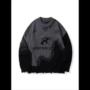 Men's Letter & Figure Pattern Ripped Design Sweater, Loose Casual Drop Shoulder Long Sleeve Round Neck Jumper for Spring & Fall, Fashion Men's Knitwear for Daily Wear