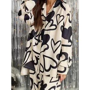 pajama pants latina Spring And Autumn Fashionable Women's Long-sleeved Trousers, Comfortable Home Wear, Pajama Set, Two-piece Set, Lapel, Love Print, Casual