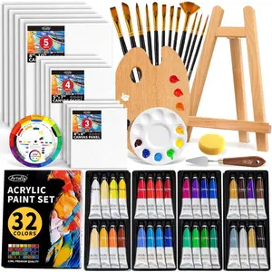 Acrylic Paint Set for Adults & Kids, 62 Pcs Canvas Painting Kits, 32 Colors Acrylic Paint (22ML), Table Easel, Brushes, Canvas, Art Painting Supplies Kit for Students, Artists, Beginners