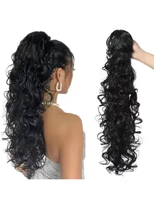 30 inch Deep Wave Synthetic Heat Resistant Ponytail Wig - Natural Black,Around Clip-in for Daily Party Use Wavy Synthetic Hair