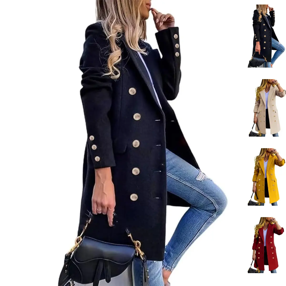 Ommig Womens Fall Winter Wool Coats Double Breasted Midi Peacoat Trench Coats