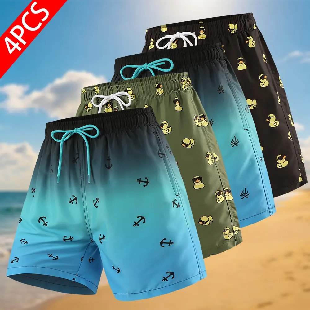 Men's 4-Pack Printed Lightweight Beach Trunks - Built-in Mesh Liner, Water-Resistant Quick Dry Beach-Themed Print Shorts with Adjustable Drawstring, Pockets for Summer Outdoor Swimming, Beach-Themed Print Men's Shorts