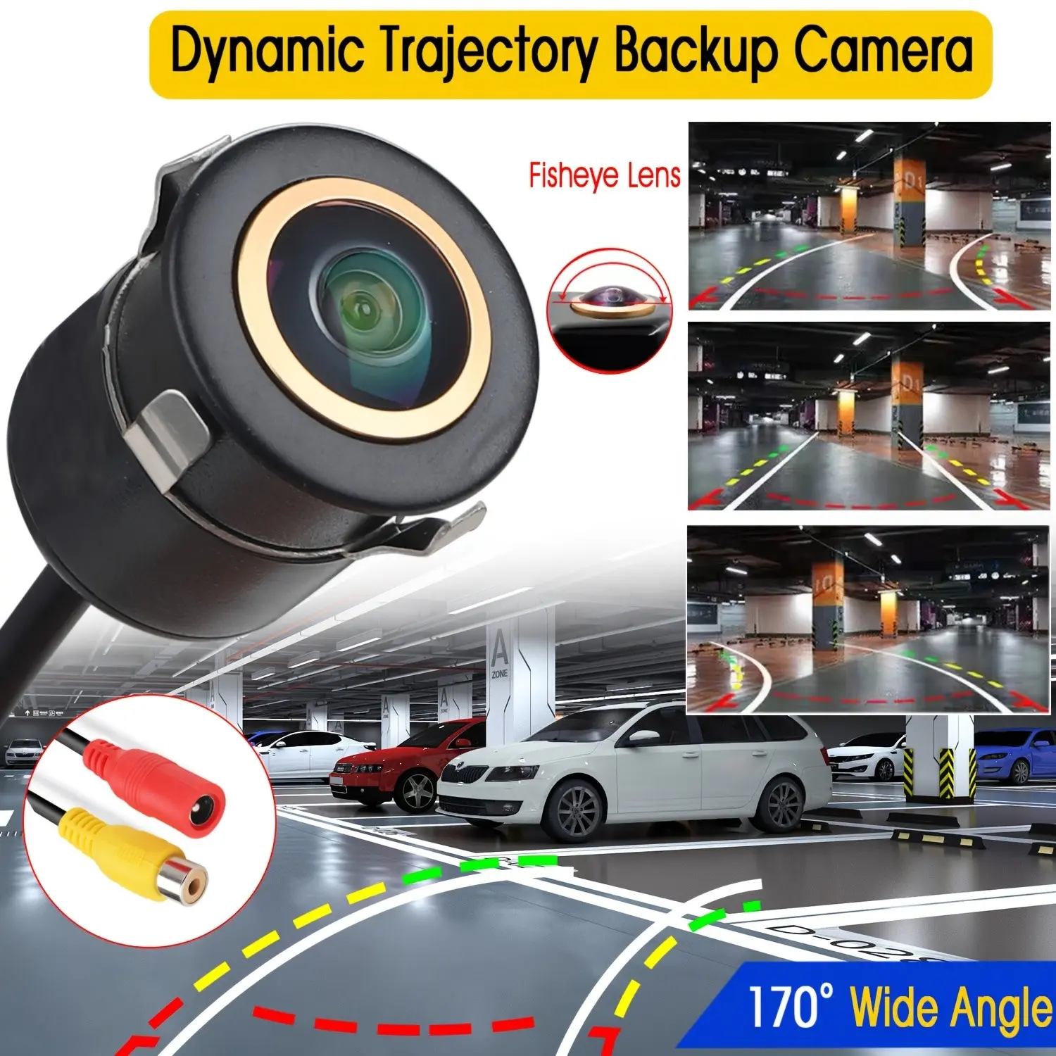 Rear View Backup Camera with Fisheye Golden Lens, Night Vision, Wide Angle, Universal for Cars, Trucks, SUVs, RVs - Smart Steering Guide Lines, CCD Lenses, 36V or Below Wiring, Car Safety Cameras | Dynamic Viewing