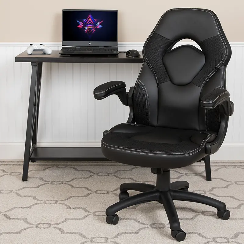Flash Furniture CH-00095-BK-GG X10 Black Contemporary High Back Racing Chair - Ergonomic Office Computer PC Chair with Adjustable Height, Tilt Lock Mechanism, Flip-Up Soft Leather Armrests, Waterfall Seat, Swivel Wheels
