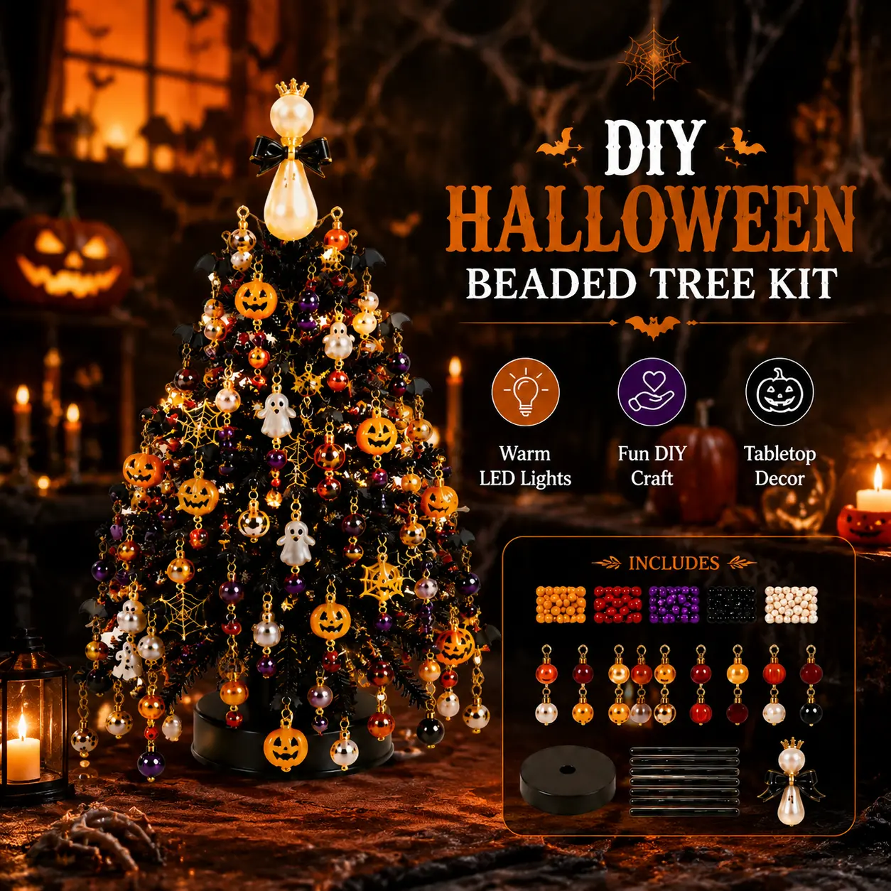 DIY Beaded Tree Craft Kit, Handmade Festive Decoration, Relaxing Creative Activity, Unique Gift for Family (Christmas, Halloween, Fall-Winter Home Decoration)