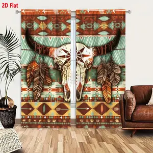 2D Flat Southwestern Tribal Bull Skull & Feather Pattern Blackout Curtain 2-Piece Set, Blackout Window Cover, Boho Rustic Curtains with Arrows Diamond Geometric Design, 52x84 inches Thermal Insulated for Living Room Bedroom