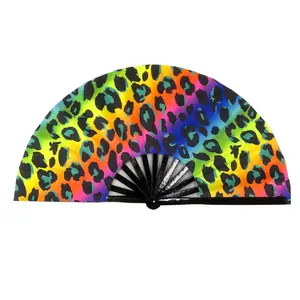 1pcs Leopard print Folding Fan UV Glow Rave Bamboo Summer Hand Fan Leopard Print Decoration Dancing Party Wedding Night Club Concert Festival Large