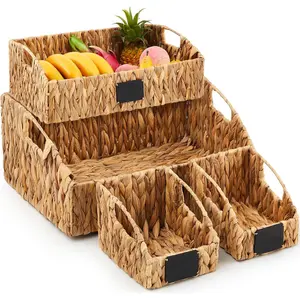 4 Pcs Stackable Natural Water Hyacinth Handwoven Wicker Storage Baskets with Chalkboard Label and Built-in Handles for Kitchen Shelves