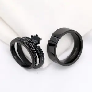 Lvrong 2 Rings His And Hers Couple Rings 1CT Black Cz Rings Womens Wedding Ring Sets Titanium Steel Mens Wedding Bands