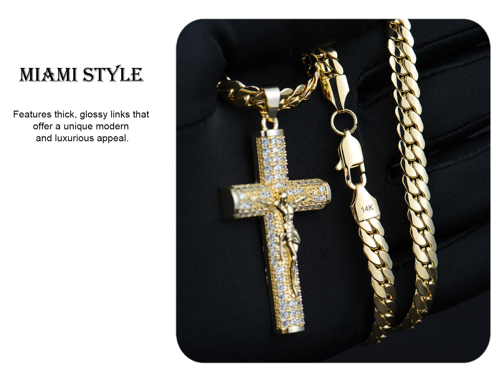 Holylegend 14k Real Gold-Plated Cuban , Figaro, Miami Cross with Jesus Christ Crucifix,24 inches Long and 6mm Wide,Handcrafted Polishing and Multiple Electroplating Daily Wear Necklace