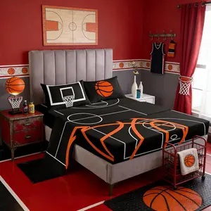 Basketball Court Print Bed Sheet Set,Ball Sports Games Themed Bedding Decor Set with 1 Flat&1 Fitted Sheet,Orange Basketball and Hoop Bedding Set for Kids Boys Gift