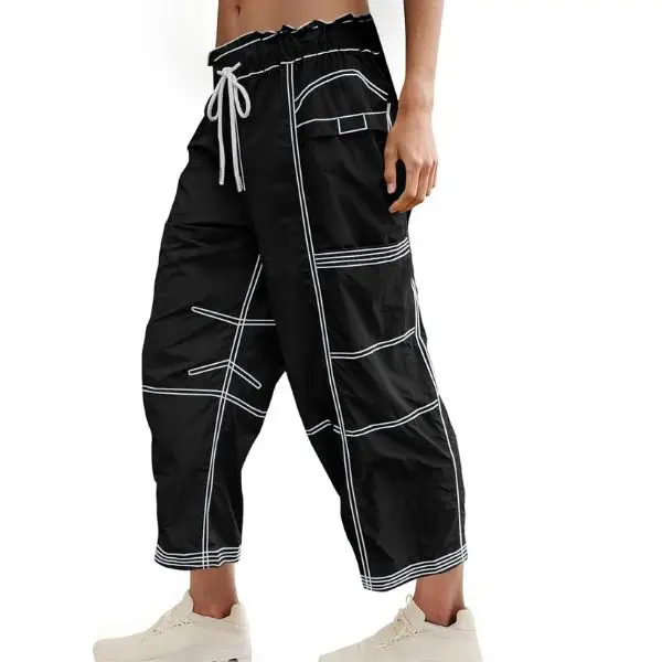 Fisoew Women's Mid-Rise Wide Leg Cargo Pants - Elastic Waist, Water Resistant, Contrast Stitch, Pockets - Casual Loose, Street Style, Athleisure for Vintage Fashion Hiking, Casual Loose Joggers, Athleisure Style Bottoms, Sporty Chic, Utility Pants, Workou