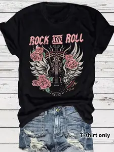 Rock Concert Girl Print Casual Short Sleeve T-Shirt, Summer Fitted Round Neck Top, Comfortable Breathable Womenswear Women's Clothing