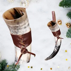 OLDEMPEROR Viking Drinking Horn - 12 Inch with Leather Holster | Handmade Beer Cup | Food Grade | Genuine Ox Horn | Natural Shine Finish | LARP | Viking Gift for Men & Women