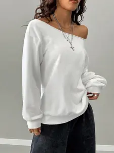 Women's Plain off Shoulder Sweatshirt, Casual Street Fashion Long Sleeve Pullover for Daily Wear, Stylish Ladies Summer Clothes