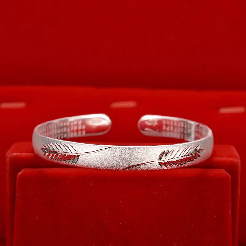 Women's 999 Silver Feather Bracelet - Vintage Ethnic Style, Daily Wear, Thanksgiving Day Costume Jewelry Bangle Accessory, Female