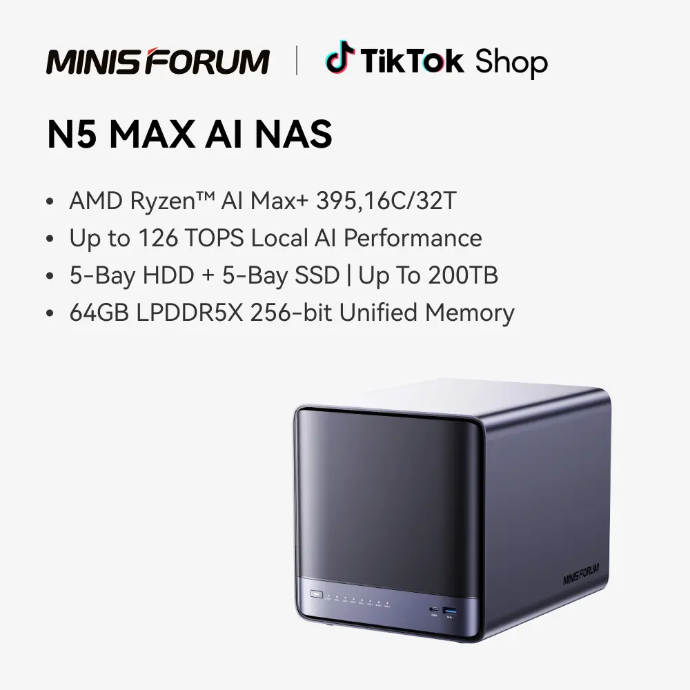 MINISFORUM N5 MAX Multi-Bay Setup Network Storage NAS Device, AMD Ryzen AI Max+ 395 (16C/32T), 64G LPDDR5x, 128G SSD, 126 Tops, 2x10GbE, 3xUSB4 (1xV2), HDMI, 5xM.2 Slots, 200TB Capacity, 5-Bay Diskless Desktop NAS with High-Speed Ports
