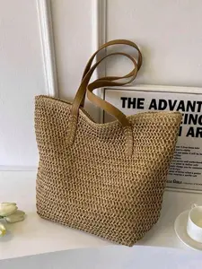 Women's Fashionable Straw Woven Tote Bag, Large Capacity Shoulder Bag for Commuting, Beach Seaside, Tote, Vacation Bag for Summer