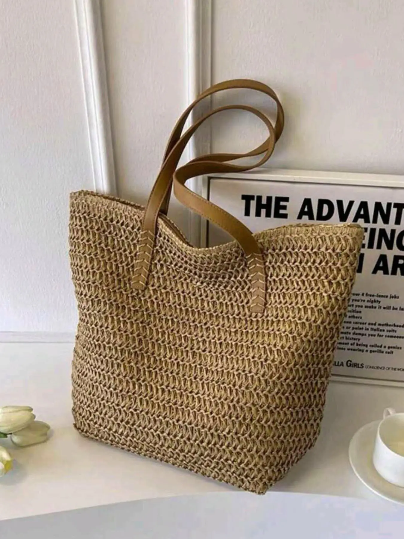 Women's Fashionable Straw Woven Tote Bag, Large Capacity Shoulder Bag for Commuting, Beach Seaside, Tote, Vacation Bag for Summer