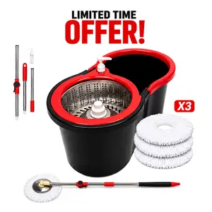 Spin Mop and Bucket System with Wringer Set, Stainless Steel Basket & Adjustable Handle, Easy Wringing Floor Cleaning Mop Bucket with Soap Dispenser and 3 Extra Microfiber Heads for All Floor Types