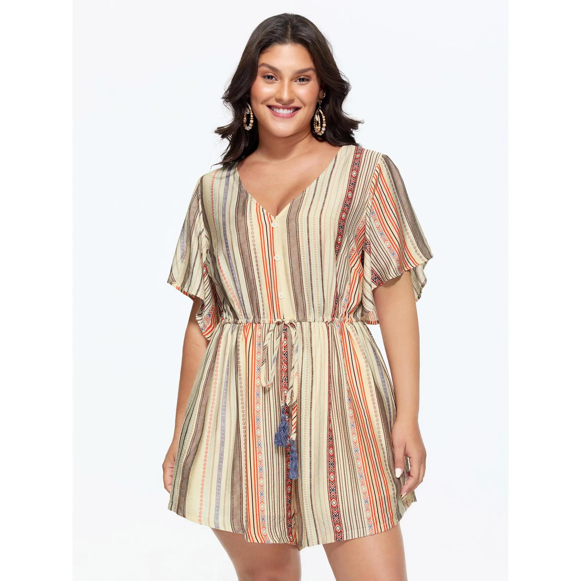 BloomChic Plus Size Bohemian Striped Rompers for Women, Sleeveless V-Neck Jumpsuit with Lace-Up Tassels and Pockets, Summer Clothes, Multicolor, 3/4 Sleeve, Stripes, Smooth, Low Iron, Nylon, Short Length, Rayon Blend, Overalls, Button, Smooth Finish, Tass