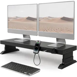Height Adjustable  Riser with 6-Port Hub - 37.6" Extra Wide Desk Stand for Dual Monitors, Continuous Height Adjustment 4.33-6.69" via Knob, USB-C  , Carbon Steel Black