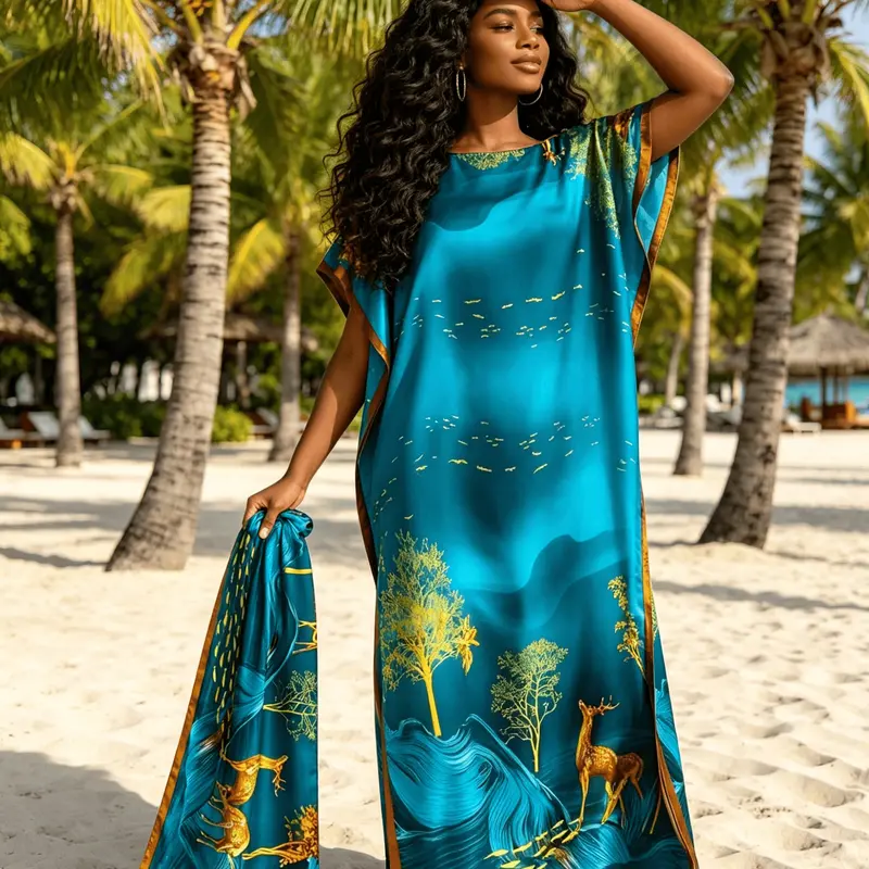 Two-Piece Blue Kaftan Dress for Women, Floral Pattern, Muslim Abaya with Scarf, Batwing Sleeve, Modest Beach Cover Up, Dubai Style