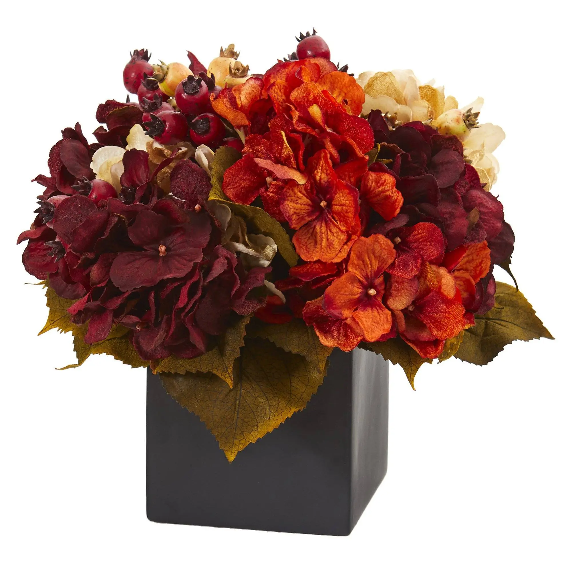 12in Formal Dark Decoration Bouquet Set - Vibrant Faux Hydrangea, Berry, Leaf Artificial Flowers & Fruit Arrangement with Black Vase, 6 in & Above Floral Decor for Home Centerpiece, Vibrant Faux Flowers, Synthetic