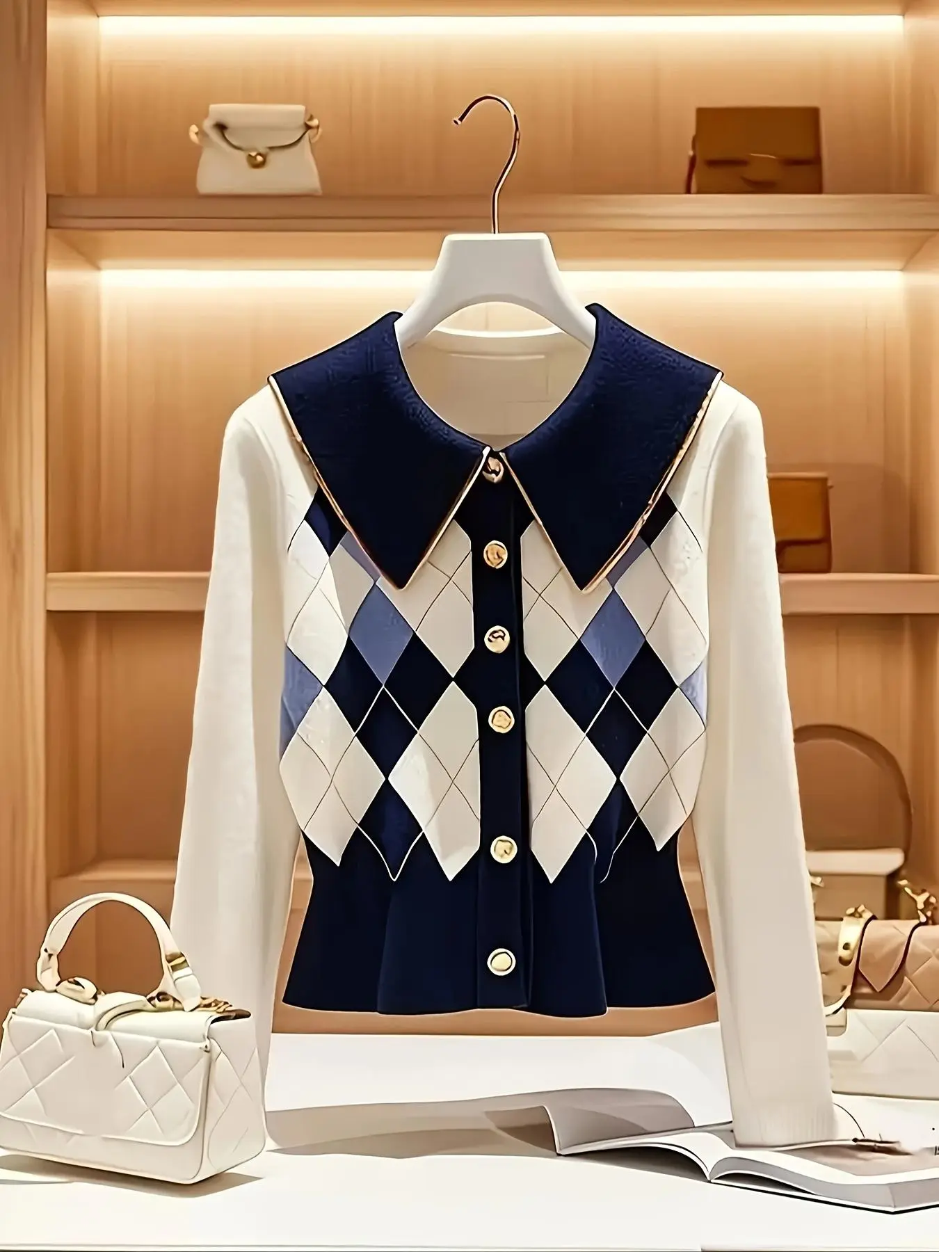 Women's Vintage Geometric Diamond Pattern Knitted Lapel Cardigan, Casual Long Sleeve Button Front Knitwear for Fall & Winter, Fashion Women's Knit Clothing for Daily Wear, Tops, Knitting