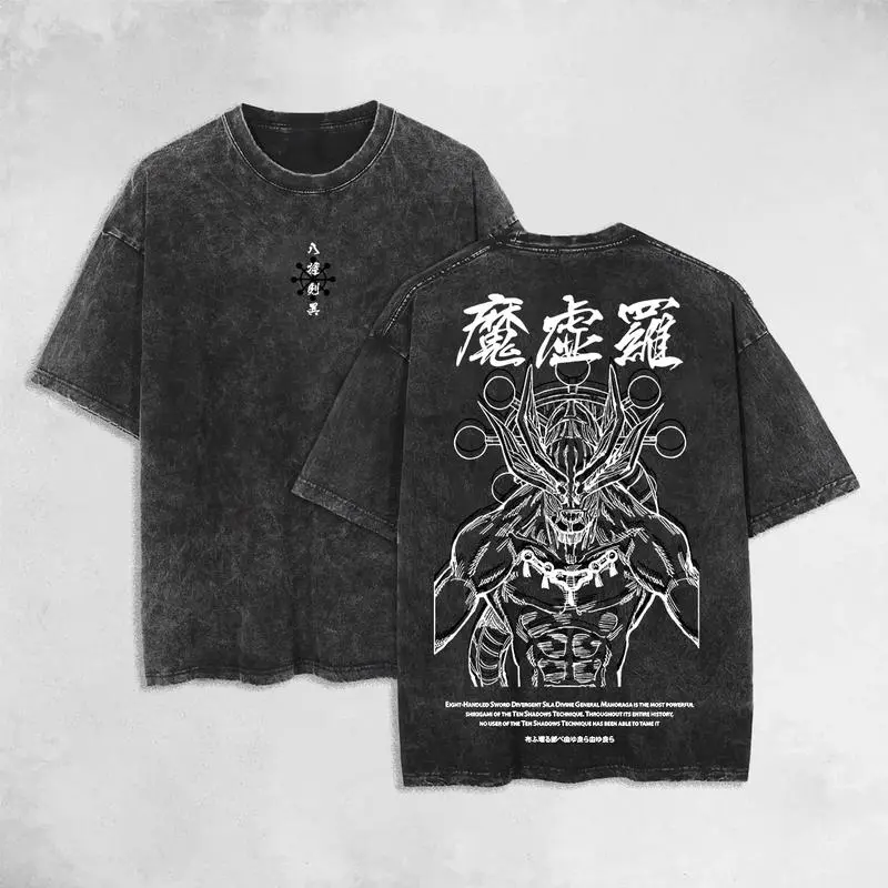 Retro Vintage Shikigami Mahoraga Jujutsu Kaisen Anime Double Printed Oversized Washed T-Shirt Unisex Mineral Anime Manga Washed Heavy Cotton T-shirt, Gift For Anime Fan, Anime Lover