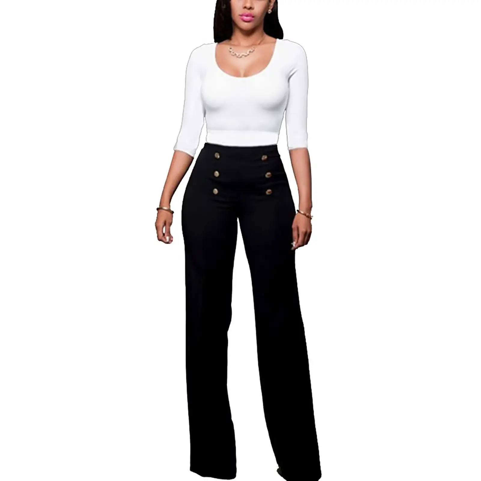 Acelyn Pants Women's Stretchy High Waisted Wide Leg Button-Down Pants Sailor Bell Flare Trousers