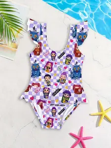 Girls' one-piece swimsuit "Checkerboard Witch Hunt Squad Full Print Style" features a full print of cartoon anime, ruffled flutter sleeve design, Ruffled sleeves, and enhances summer pool or beach outfits