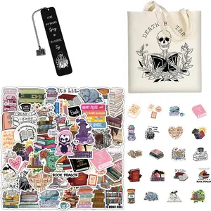 Book Accessories Set, 1 Set Including 50 Book Pattern Stickers & 1 Bookmark & 1 Canvas Tote Bag, Reusable Stainless Steel Bookmark Set, Book Supplies, Diy Sticker