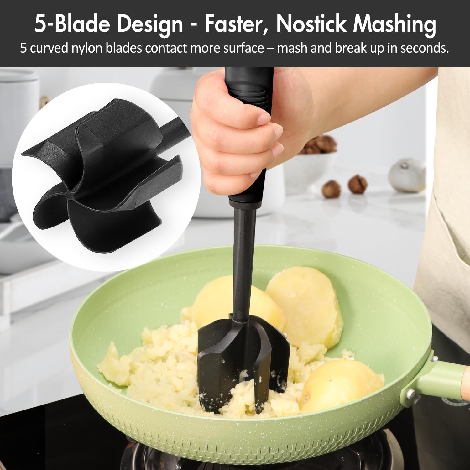 Ourokhome Meat Chopper & Potato Masher – Heat Resistant Nylon Ground Beef Smasher, 5-Blade Nonstick Mixer & Stirrer, Multi-Use Kitchen Tool, Black