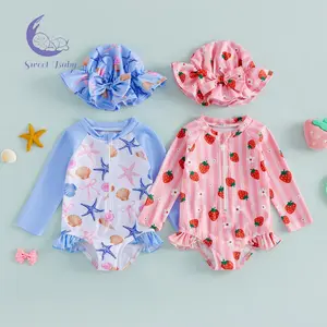 Toddler Girl Rash Guard Swimsuit Strawberry/Starfish Print Zipper Long Sleeve Bathing Suit with Swim Cap