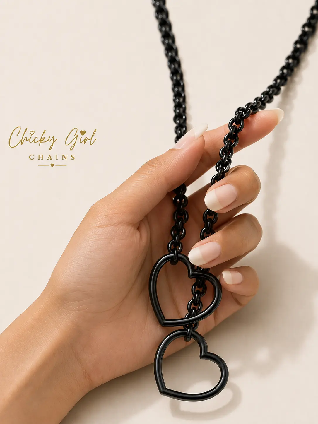 Chicky Girl  Black 60cm/23.6'' double hearts necklace; Christmas, Party Heart O-Ring Adjustable Chain Necklace, Bold Punk-Inspired Jewelry for Women & Men, Versatile Everyday Accessory, Stylish Gift for Birthday, Anniversary, Christmas, Party & Date Night