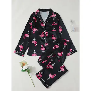Women's Silk-like Long-sleeve Top + Pants Pajamas. Collar + button design, full flamingo prints. Soft and smooth fabric, loose and comfortable fit. Unlock cozy home time, suitable for holidays and daily wear Loungewear Nightwear Womenswear Piece