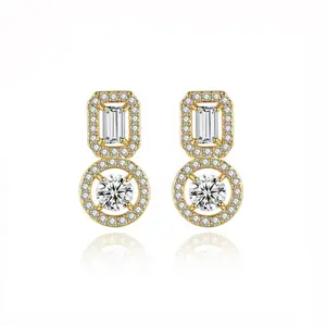 Cuafufu Elegant Cubic Zirconia Double Halo Earrings, Rectangle & Round Cut Crystal Studs, Hypoallergenic Classic Sparkling Earrings for Women