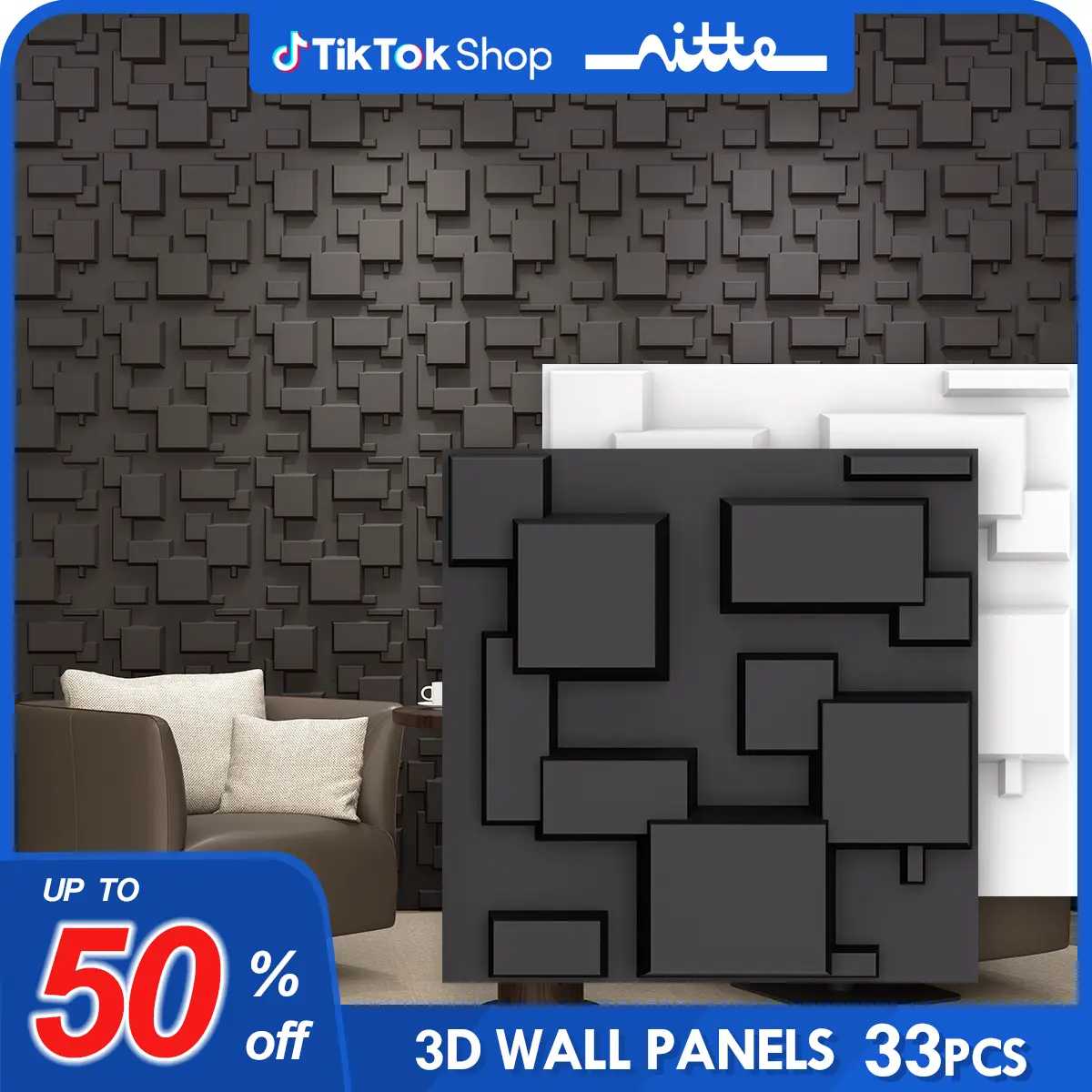 Nitte 33PCS PVC 3D Wall Panels with Modern Block Design, 11.8"x11.8" (30x30cm), Black and White Options for Stylish Living Room, Bedroom, Accent Walls