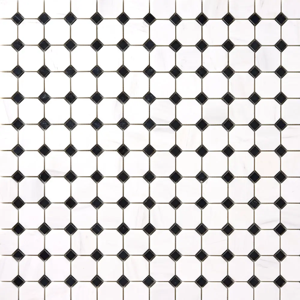 Bianco Dolomite Marble 12x12 Octagon with Black Dots Mosaic Polished/Honed