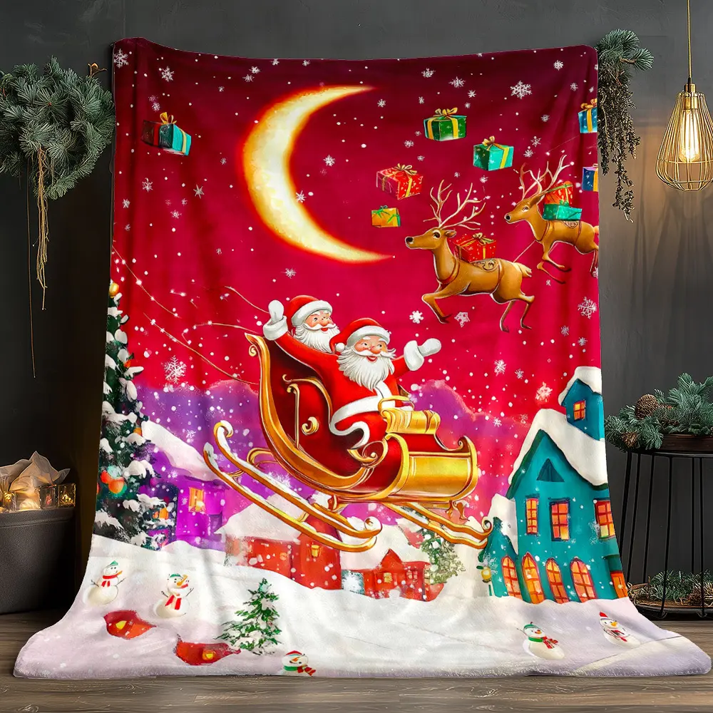 1pc Red & Golden Christmas Winter Wonderland Sleigh & Reindeer Print Soft Warm Lightweight All-Season  Throw - Luxury Bedding for Sofa, Bed, Travel - Festive Red/Golden/Pink/Purple/Green/White/Pink/Golden Design - Cozy Holiday