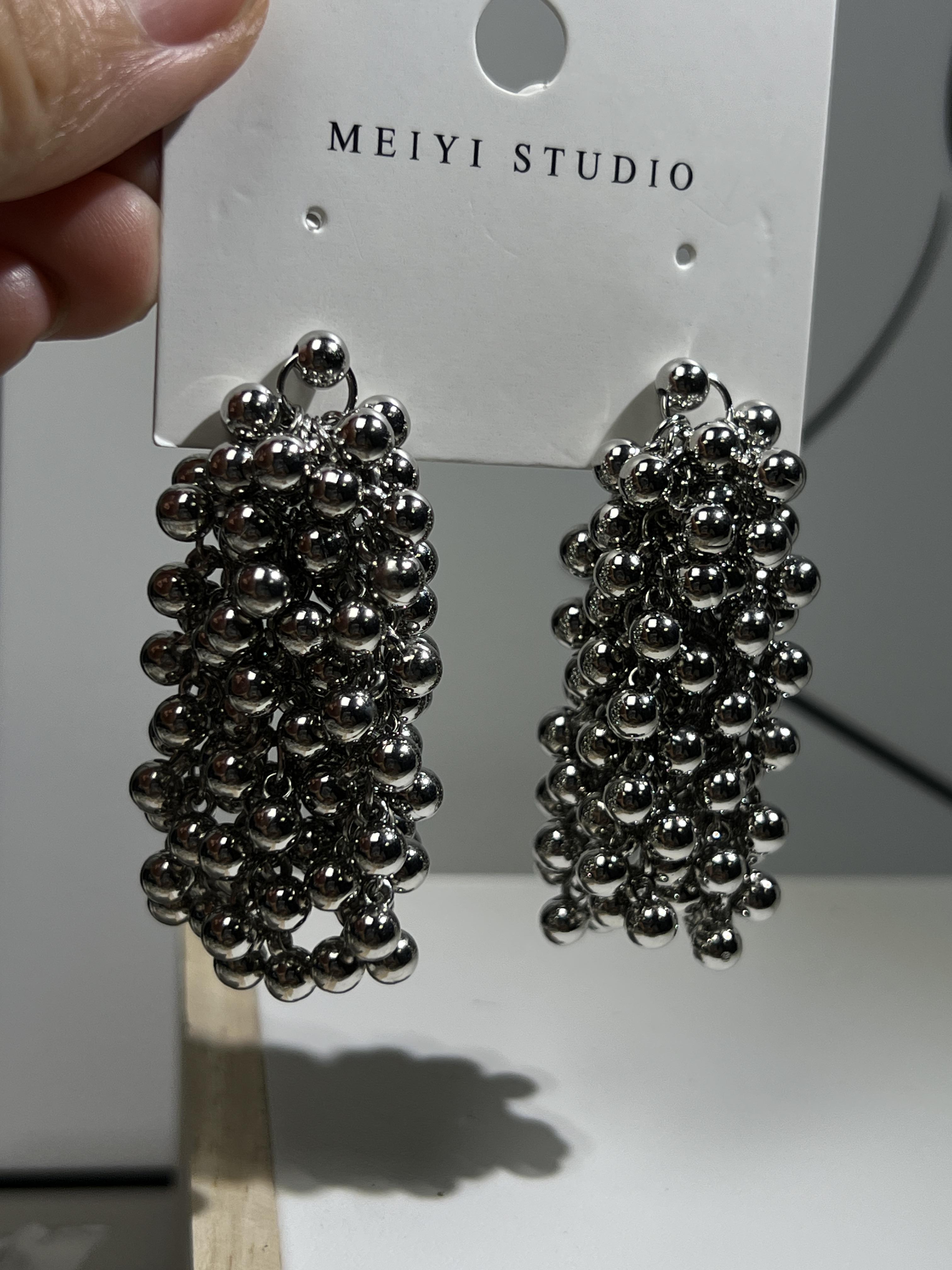 Stainless Steel Silver Grape Bead Tassel Earrings, Minimalist Statement Drop Earrings, Hypoallergenic Party Jewelry for Women