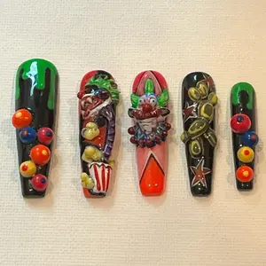 3D Killer Klown themed hand painted custom press on gel tips